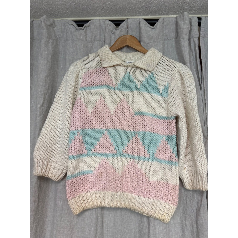 Vintage 80s Exclusive Imports Hand Knit Pastel Mountain Sweater Pink Aqua Medium